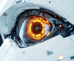 Poster - Cybernetic Eye: A striking close-up captures the intricate detail of a futuristic cybernetic eye, glowing with advanced technology and hinting at artificial intelligence and innovation.