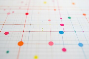 Poster - colorful grid: abstract and intricate design with colored dots connecting on a white grid background