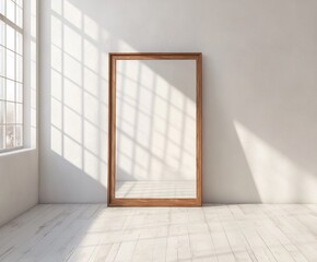 Poster - mirror in the bright room: a large, rectangular mirror stands upright, its wooden frame contrasting 