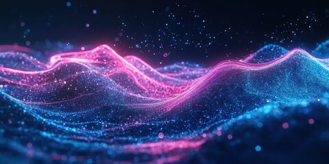 Fototapete - Abstract Digital Landscape: A captivating digital artwork showcasing an abstract landscape of undulating lines and points in vibrant shades of pink and blue.