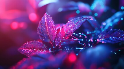 Fototapete - Neon-lit Flora: An intricate portrayal of nature's beauty, a plant with vibrant purple and blue neon hues, reflecting a futuristic and enchanting aesthetic.