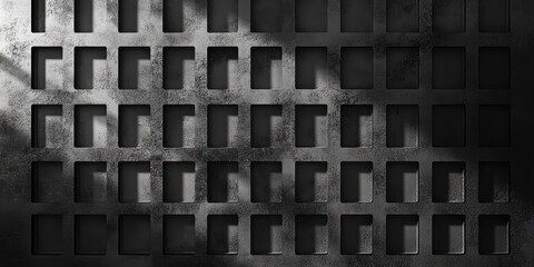 Poster - gritty grid of shadows: a textured, industrial-style surface with a geometric grid pattern is dramat