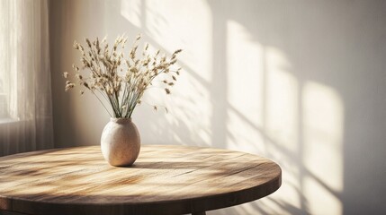 Poster - serene still life: delicate dried flowers in a ceramic vase grace a sunlit wooden table, casting sof