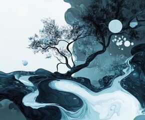 Poster - abstract tree in a whirlwind of color: a solitary tree stands tall amidst a mesmerizing swirl of vib