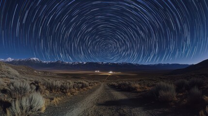 Star Trails Over Majestic Mountain Range: A Nighttime Desert Landscape