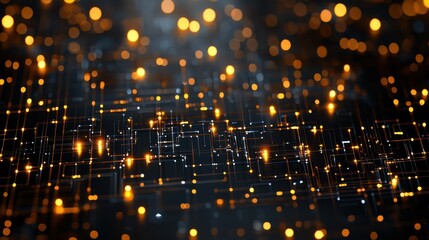 Poster - Abstract digital circuitry with glowing lights on a dark background.