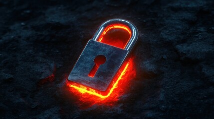 Poster - Fiery Digital Fortress:  A Glowing Padlock Embodies Cyber Security