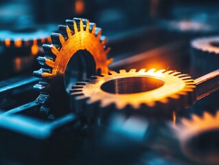 Poster - Interlocking Gears of Industry: A captivating close-up of intricately designed gears, with golden hues and a touch of industrial artistry.