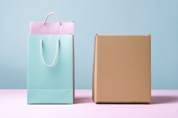 Fototapete - Shopping Bag and Cardboard Box Arranged Side by Side in Pastel Tones on a Soft Surface During Bright Daylight Generative AI