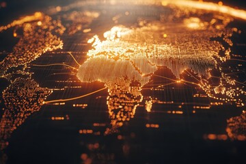Poster - Global Network Illumination: A stunning visualization of interconnected global networks, with continents bathed in a warm, golden glow, illustrating the power of worldwide connections. 
