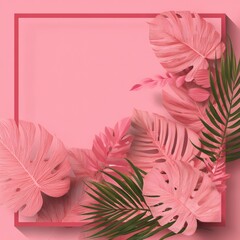 Poster - Vibrant Pink Tropical Background Design Featuring Palm and Monstera Leaves for Decorative Prints and Home Decor Generative AI