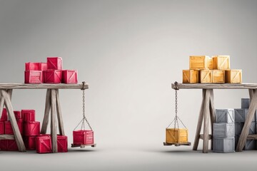 Leinwandbilder - Scale Balancing Red Export Crates and Yellow Import Crates on Wooden Beams in a Neutral Setting Generative AI