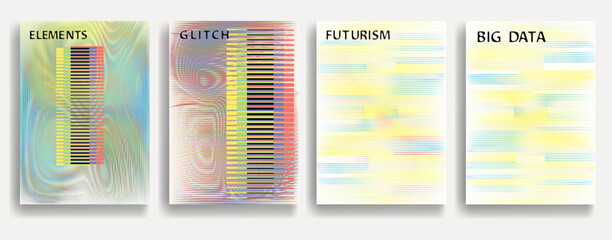 Fototapete - Glitch distorted geometric template brochures . Modern art design . Glitched flyer . Optical art. Trendy brochure with vector lines .flyer with wavy lines effects . set of vector templates