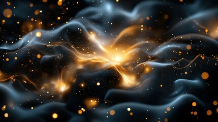 Poster - Abstract digital art showcasing golden waves and luminous particles on a dark background.