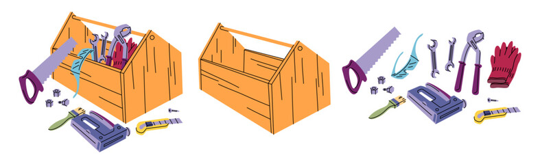 Poster - Cartoon Wooden Empty and Full Open Construction Toolkit Boxes Set Repair Master Implement Tool Box Concept Flat Design Style. Vector illustration