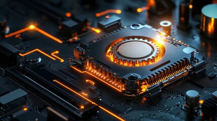Poster - Close-up of a futuristic circuit board with glowing orange elements.