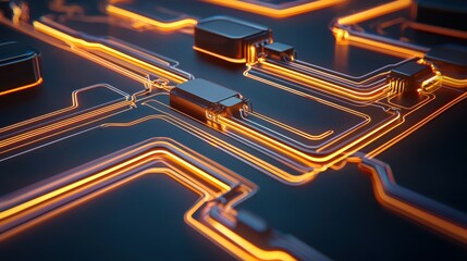 Poster - Close-up of a circuit board with glowing orange lines on a dark background.