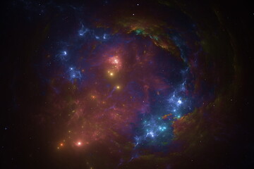 Wall Mural - swirling clouds of gas and dust create a vibrant nebula in vastness of space, illuminated by numerou