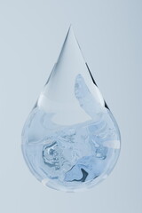Poster - Clear and perfectly shaped water droplet hangs in the air, capturing and reflecting light. Interior features swirling patterns, showcasing the beauty of liquid forms in an artistic manner. 3d render