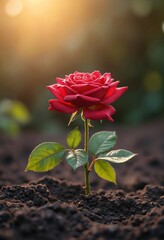 Aufkleber - A vibrant red rose emerging from dark soil illuminated by warm light symbolizing resilience
