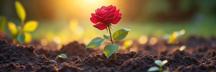 Poster - A vibrant red rose emerging from dark soil illuminated by warm light symbolizing resilience