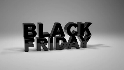 Poster - Glossy three dimensional black friday text rotates slightly, casting shadows on a white background, creating a simple yet effective visual representation of the popular shopping event