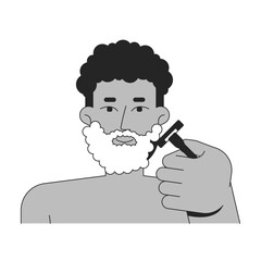 Fototapete - Black man using shaving cream and razor to groom beard outline illustration. Skin routine. African american male hygiene 2D line character isolated on white. Monochrome vector ink linear image