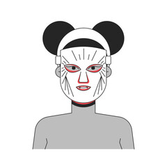 Fototapete - Black woman wearing LED light therapy mask outline illustration. Skincare device. African american female skin treatment gadget 2D line character isolated on white. Monochrome vector ink linear image