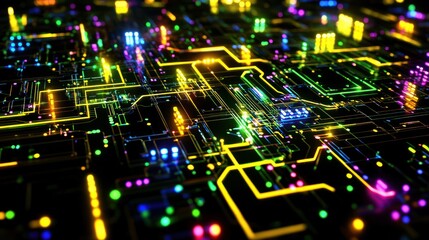 Poster - Neon Circuit Board: Abstract Digital Network