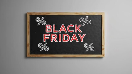 Poster - Black friday sale message written in red chalk on a black chalkboard with a wooden frame, surrounded by percentage symbols, against a gray background