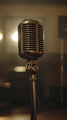 Leinwandbilder - Classic microphone illuminated by spotlights in a recording studio, creating an evocative atmosphere for music production and vocal performances