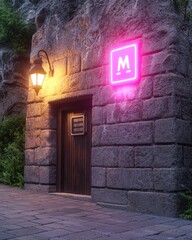 Poster - A striking building illuminated by a colorful neon sign creating a vibrant nighttime atmosphere