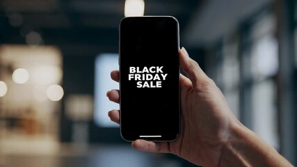 Poster - Black friday shopping experience featuring young professional woman presenting smartphone screen with sale advertisement, displaying digital marketing promotion against softly blurred background