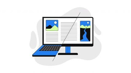 Poster - Cross-platform compatibility 2D onboarding ui animation. Responsive design. Laptop transitioning into computer desktop interface animated cartoon flat concept metaphor 4K video isolated on white