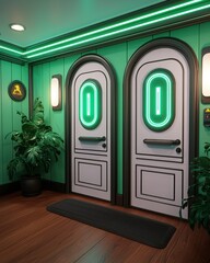 Poster - Cozy room featuring a door and a lush green plant creating a welcoming ambiance