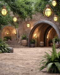 Poster - Mysterious stone tunnel illuminated by a single light creating an enigmatic and atmospheric scene