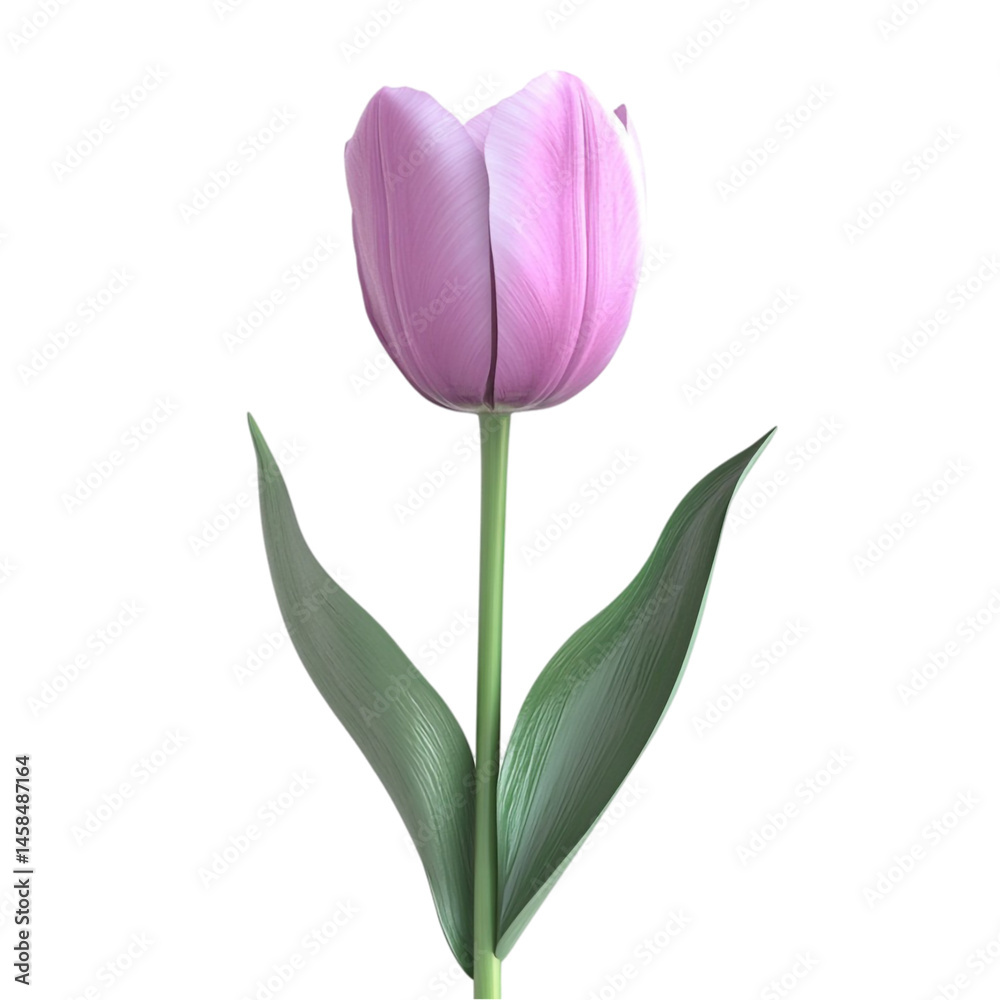 Pink tulip flower with green leaves against a colorful striped background