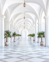 Poster - Long corridor adorned with pots of palm trees creating a lush and inviting indoor environment for relaxation