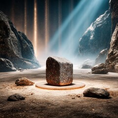 Poster - Mysterious Stone Cube on a Platform, Bathed in Light Among Rocky Cliffs: An Enigmatic Scene Unveiled