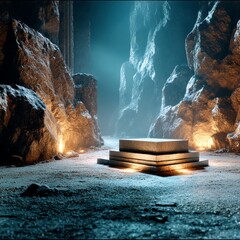 Poster - Mystic Cave Altar: A Stone Podium in a Blue-Hued Grotto, Illuminated by Flickering Light and Enshrouded in Ethereal Mist