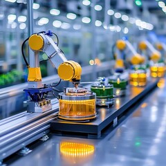 Poster - Advanced robotic arm efficiently assembling components on a high-speed conveyor belt in factory