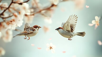 Aufkleber - two sparrows are flying near a blooming cherry tree branch with falling petals in a serene natural s
