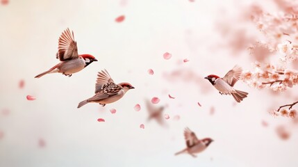 Aufkleber - four eurasian tree sparrows are flying near a blooming tree while pink petals are slowly falling, cr