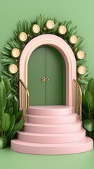 Poster - Charming pink archway framed by a vibrant green door creating a beautiful entrance to a space