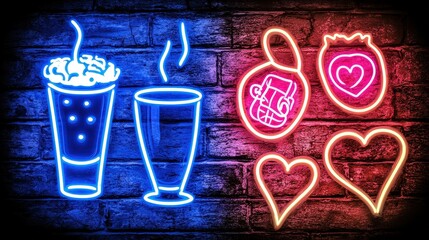 Poster - Eye-catching neon sign featuring a refreshing drink and heart symbol creating a lively atmosphere