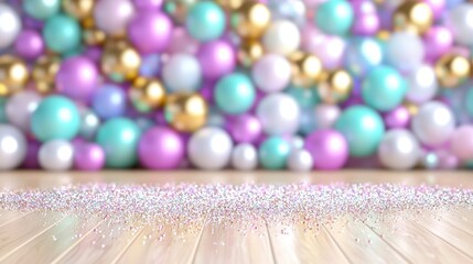 Poster - Charming wooden table decorated with colorful balloons in the background for a festive celebration