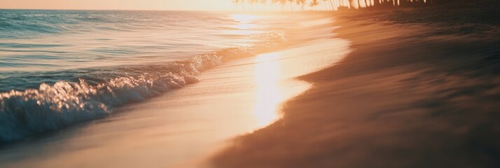 Poster - Soft waves gently lapping the shore of a serene beach as the golden hues of sunset paint the sand and water, creating a tranquil and idyllic scene under a row of palm trees
