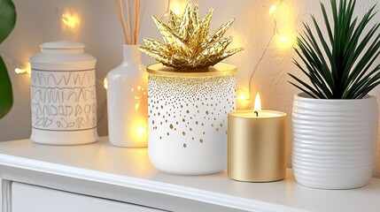 Poster - Elegant white shelf displaying a green potted plant alongside a beautifully lit scented candle