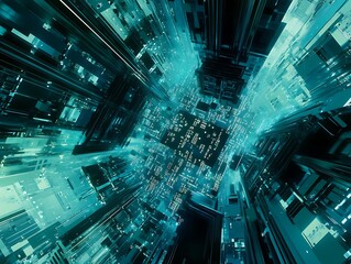 Poster - Abstract Teal And Blue Digital Cityscape With Bright Energy Glowing Lines