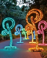 Poster - Enchanting pathway illuminated by a spectrum of colorful lights leading into the night sky